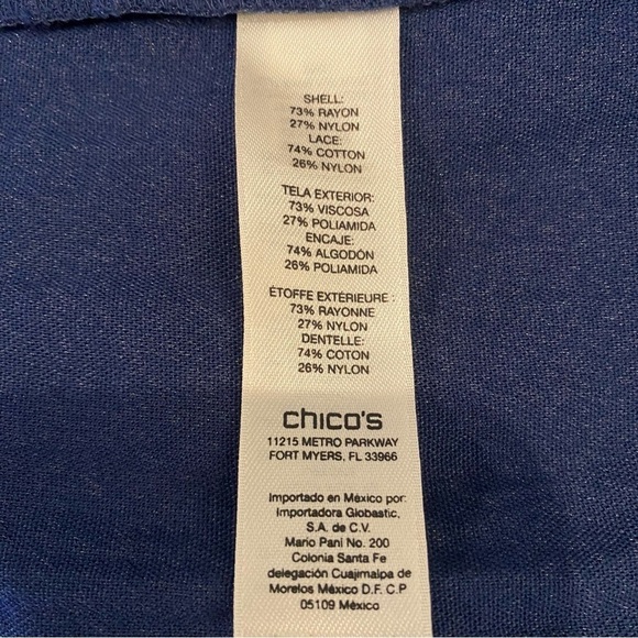 Chicos women's 2 (12) Blue Lace panels trim open front effortless Jacket Blazer - Picture 9 of 10